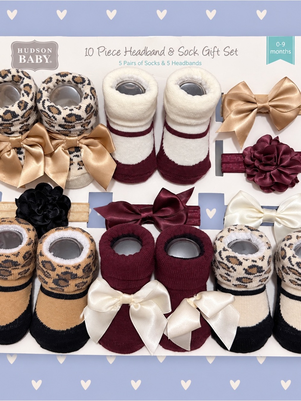 Hudson Baby Burgundy, Cream, Tan & Black 10-Piece Headband and Sock Gift Set